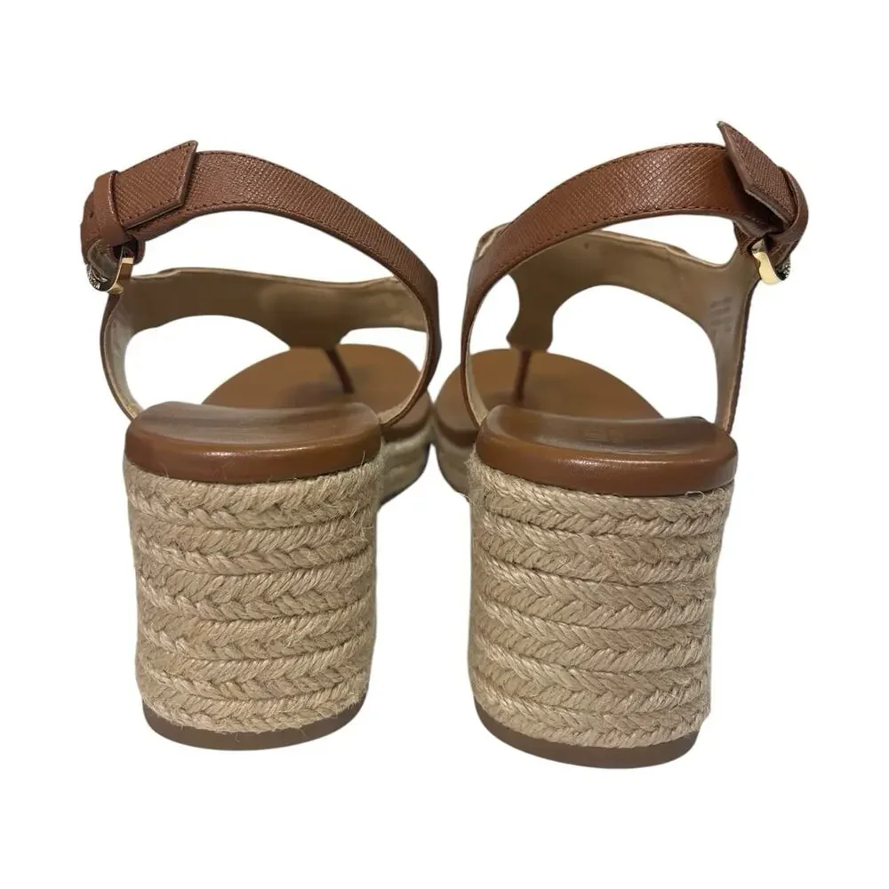 New Michael Kors Sandals Womens 7.5 Brown Leather T Strap Wedge Espadrille Beach